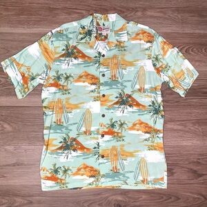 Hilo Hattie Hawaiian Shirt Men Medium Green Surfboard Palm Trees Print Rayon
